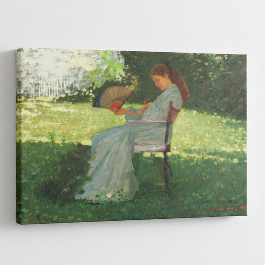 Painting of a woman in a garden holding a fan on a white background