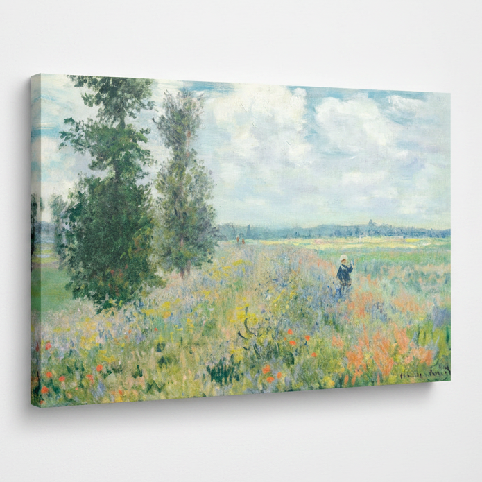 Impressionist landscape painting depicting a sunlit meadow with wildflowers, tall trees on the left, and a distant figure walking under a cloudy sky. Signed 'Claude Monet' in the lower right corner.