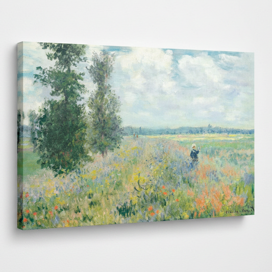 Impressionist landscape painting depicting a sunlit meadow with wildflowers, tall trees on the left, and a distant figure walking under a cloudy sky. Signed 'Claude Monet' in the lower right corner.