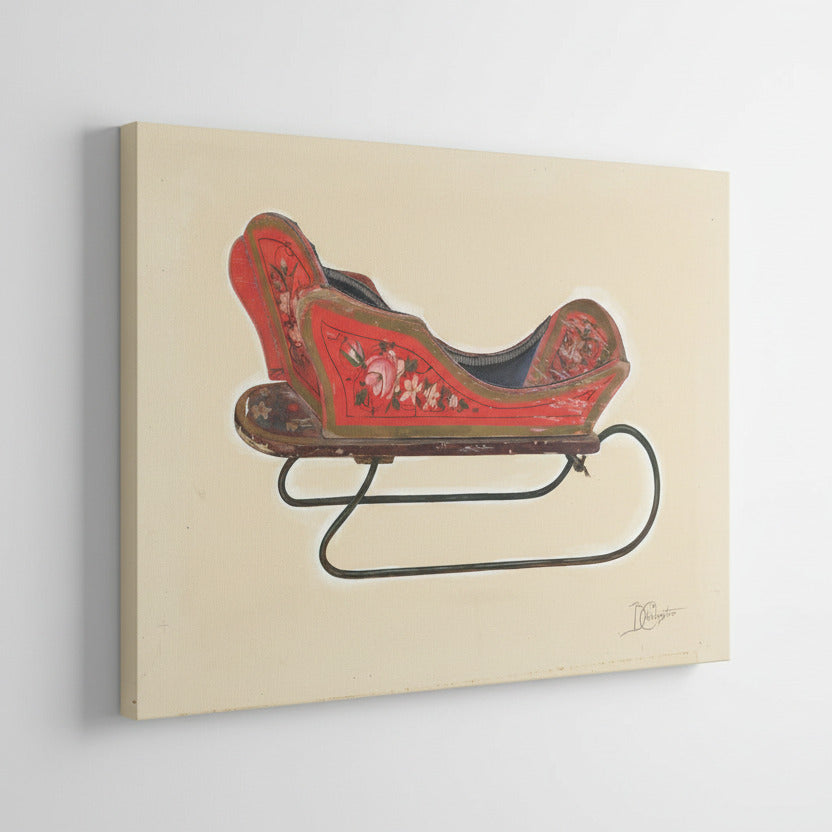 Decorative sled with floral patterns on a beige background, framed by August Print Shop.