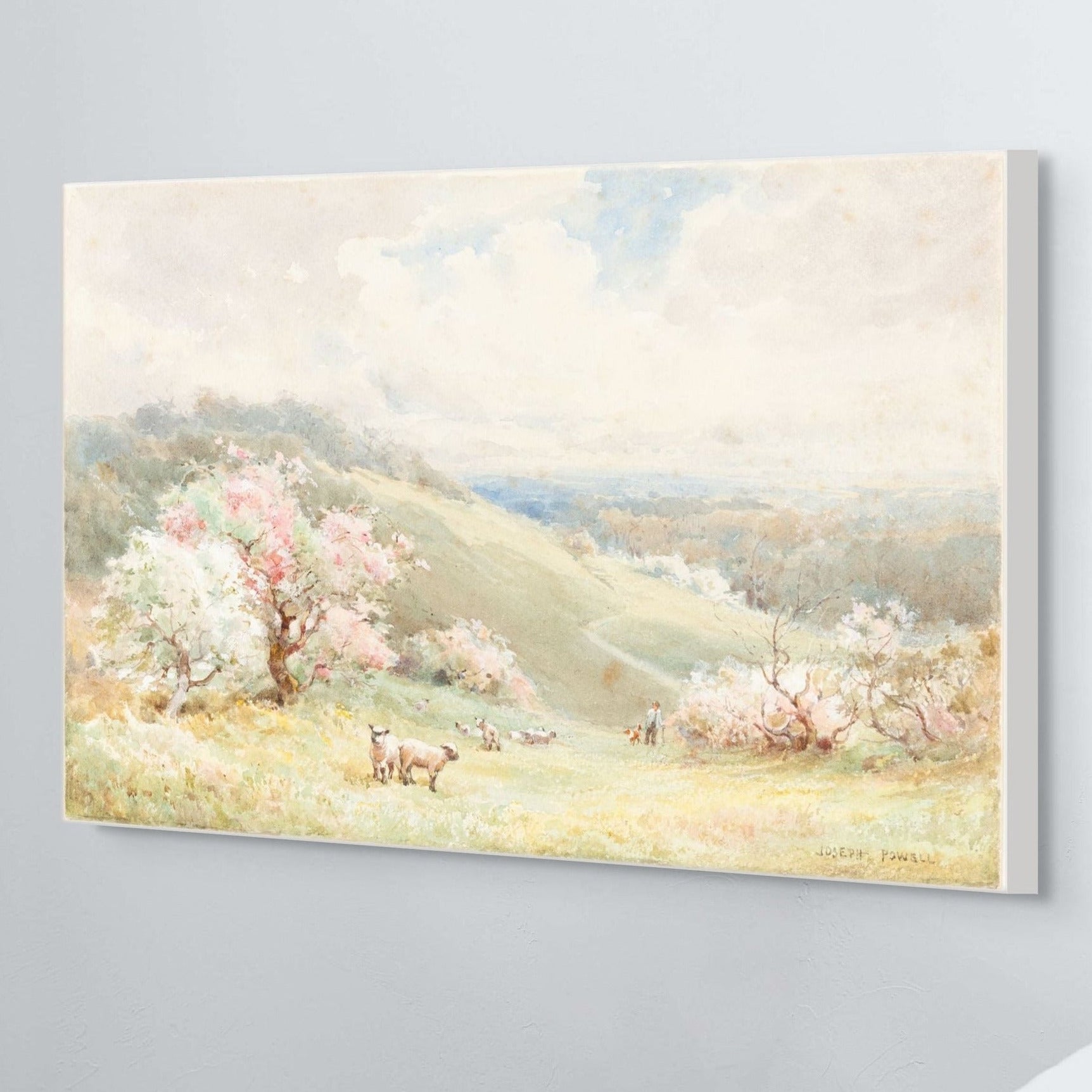 Painting of a pastoral scene with hills, trees, and animals on a gray background