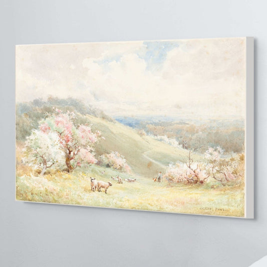 Painting of a pastoral scene with hills, trees, and animals on a gray background
