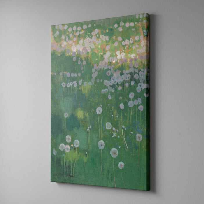 Abstract painting of dandelion flowers on a gray wall