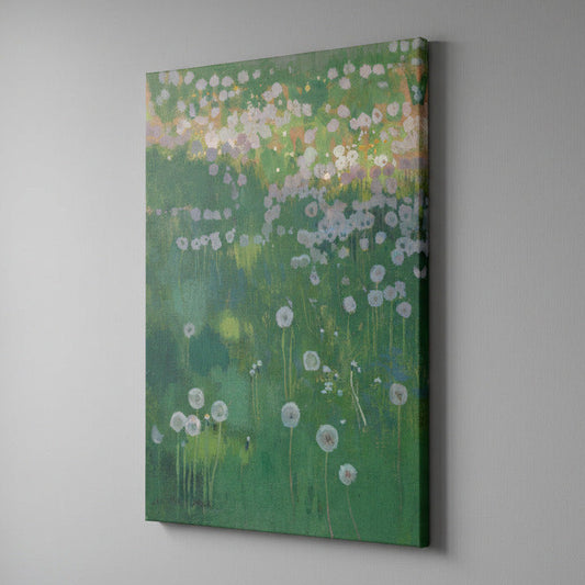 Abstract painting of dandelion flowers on a gray wall