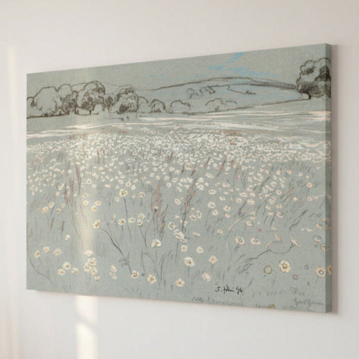 Painting of a landscape with fields and trees on a light gray background