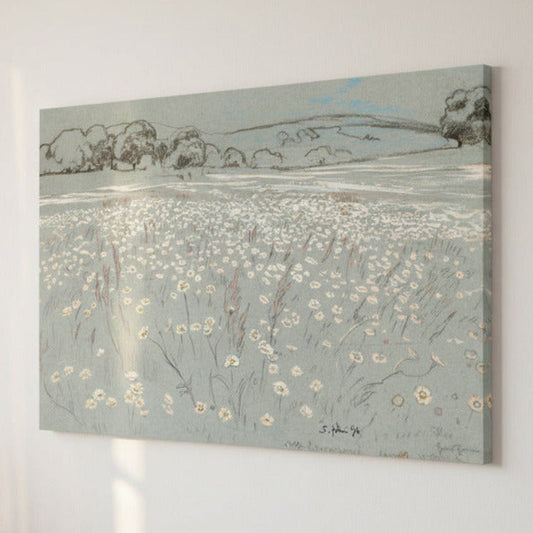 Painting of a landscape with fields and trees on a light gray background