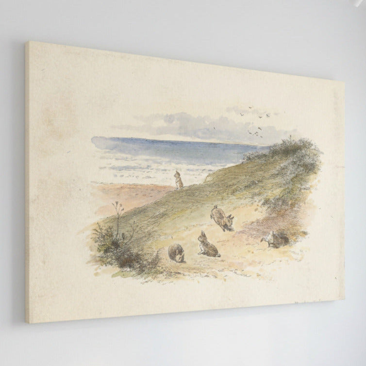 Canvas print of a landscape with rabbits on a white wall. 