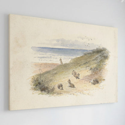 Canvas print of a landscape with rabbits on a white wall. 