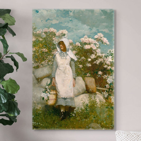 Painting of a woman in a garden with flowers and rocks on a wall.