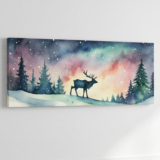 Framed artwork of a deer silhouette in a snowy landscape with a colorful sky, branded 'August Print Shop'.