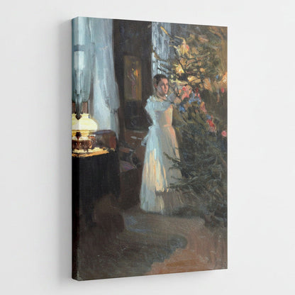artwork of woman hanging ornaments on a Christmas tree. vintage style oil painting print on canvas.