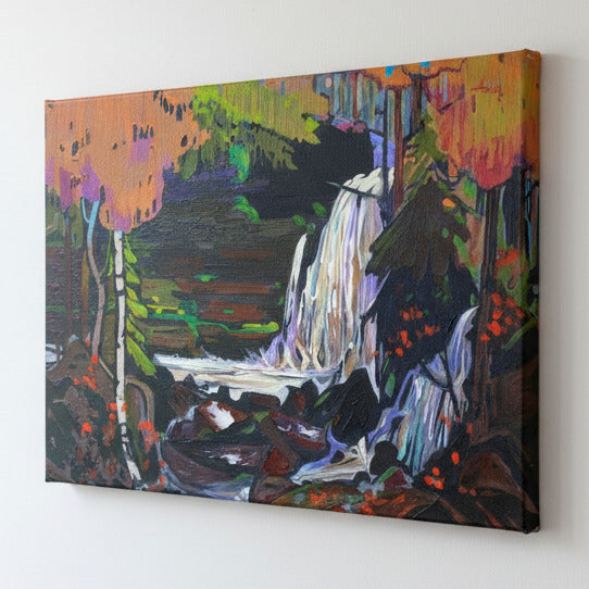 An expressive oil painting of a waterfall cascading into a stream, surrounded by autumn trees with orange, red, green, and purple foliage.
