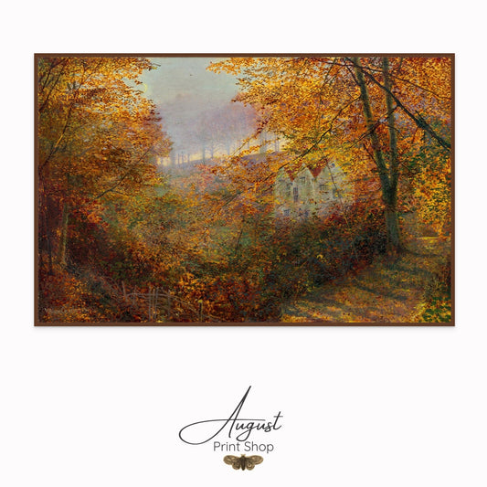 Painting of a scenic landscape with trees in autumn colors and a house in the background.