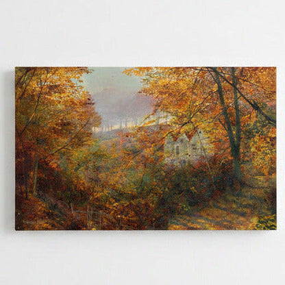 Painting of a scenic landscape with trees in autumn colors and a house in the background.
