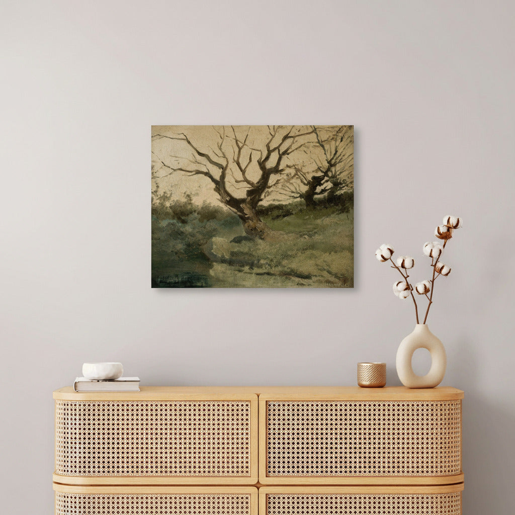 Framed landscape painting on a wall above a wooden cabinet with decorative items.