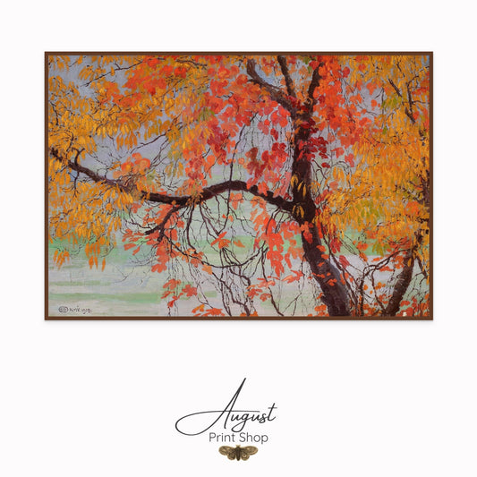 Colorful autumn tree painting with 'August Print Shop' branding.