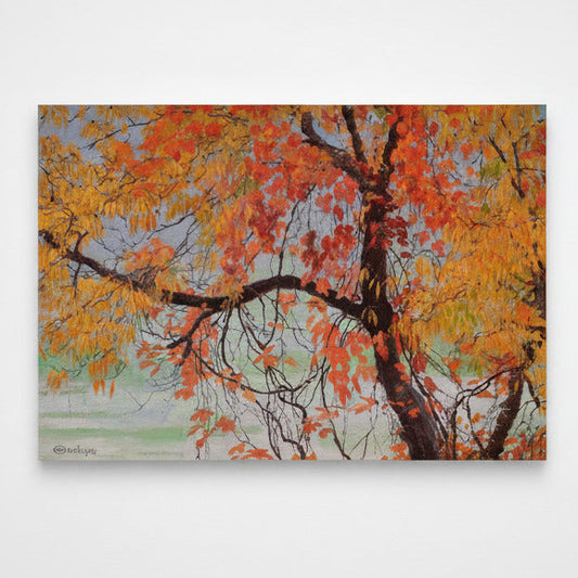 Colorful autumn tree painting with 'August Print Shop' branding. Bright orange, red and yellow Tree painting print on canvas. 