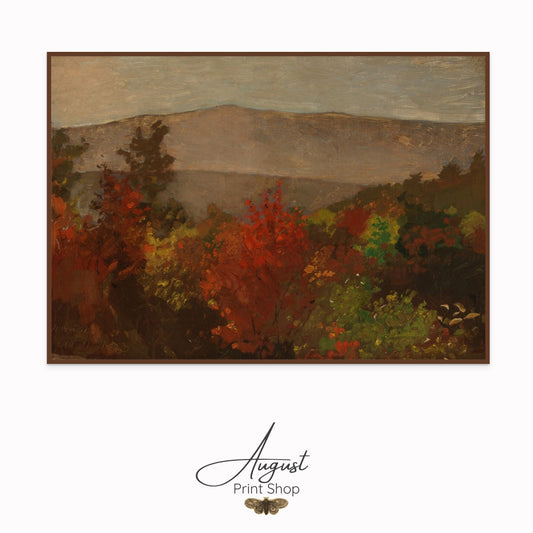 Painting of a landscape with trees and mountains, signed 'August Print Shop'.