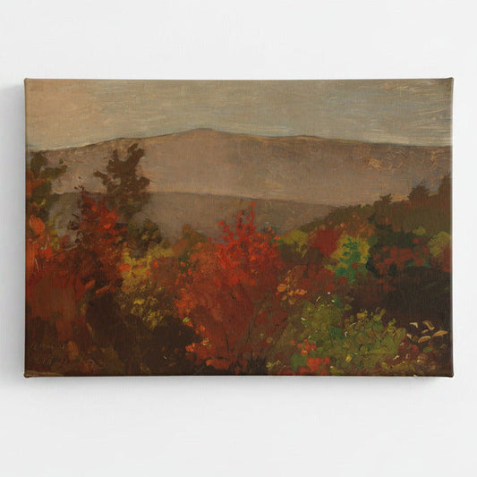 Painting of a landscape with trees and mountains, signed 'August Print Shop'.