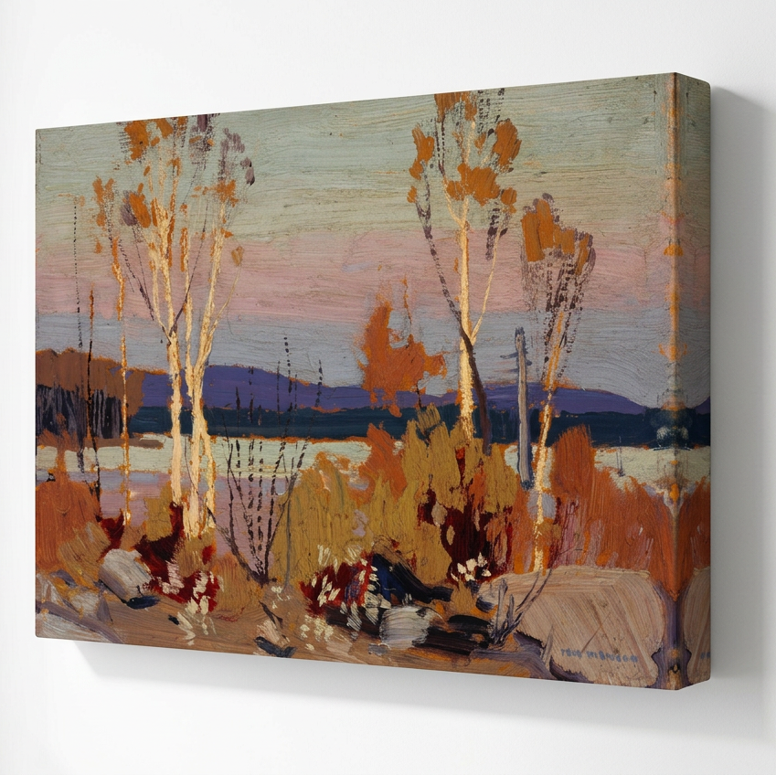 Birches by Tom Thomson canvas wall art with pale birch trunks and rust-orange autumn leaves beside a lake at dusk