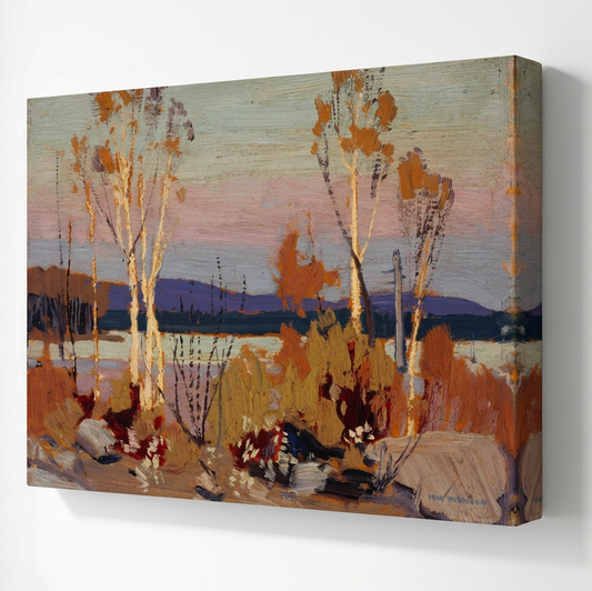 Birches by Tom Thomson canvas wall art with pale birch trunks and rust-orange autumn leaves beside a lake at dusk