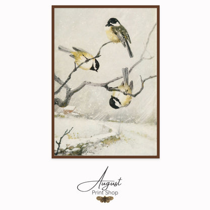 Bruce Horsfall’s Bird Lore captures the playful spirit of winter as three finches frolic on bare branches against a serene, snowy background.