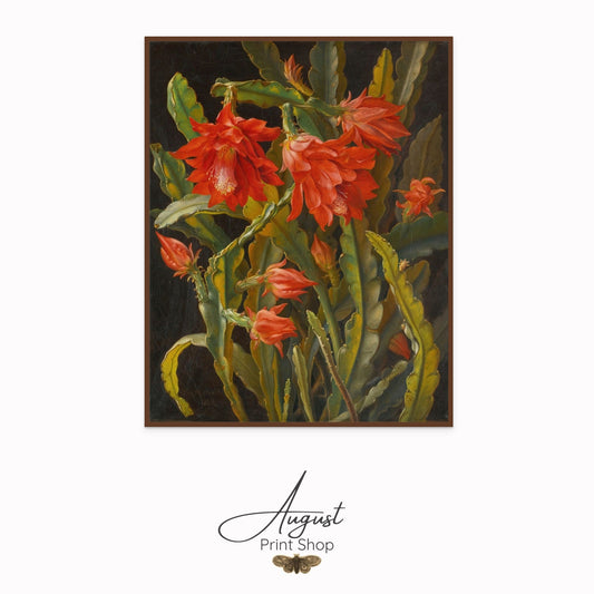 Framed painting of red flowers with green leaves on a white background, featuring 'August Print Shop' logo.