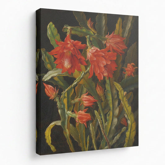 Framed painting of red flowers with green leaves on a white background, featuring 'August Print Shop' logo.
