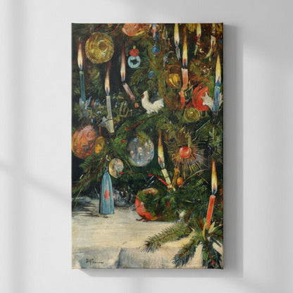 Decorative painting of a Christmas tree with ornaments and candles on a white wall.