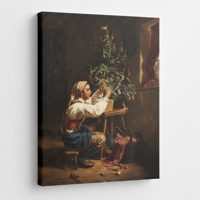 A framed artwork depicting a vintage Christmas scene with a man decorating a Christmas tree, set on a table with a window in the background.