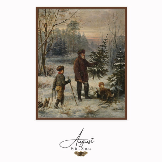 A young boy, their dog and his father with a white beard find a small Christmas Tree to bring home in the winter for Christmas