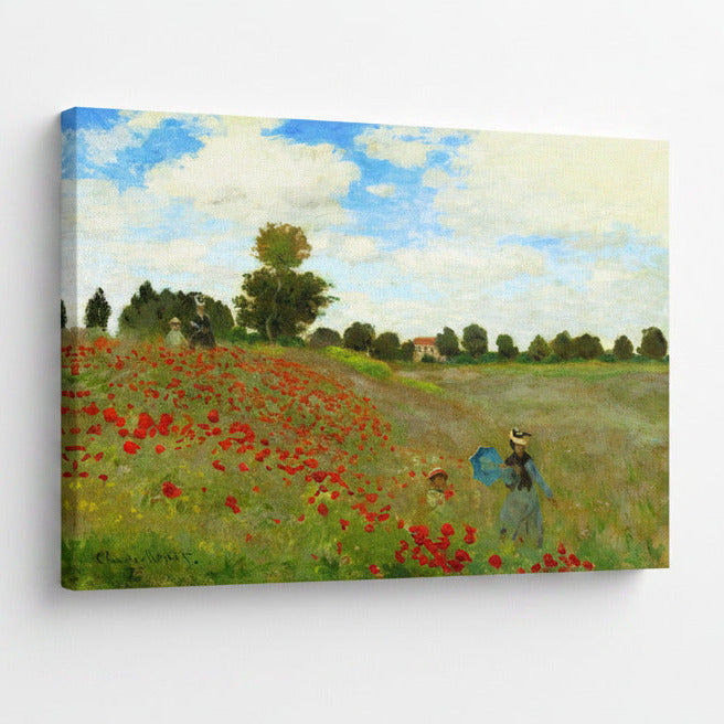 Monet Poppy field canvas wall art featuring red poppies and four people, two women and their children in the field picking poppies.  Bright and colourful vintage art print. 