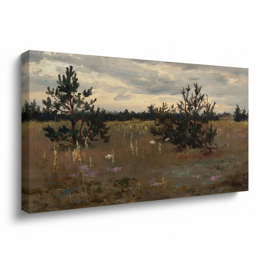 Painting of a landscape with trees and flowers under a cloudy sky
