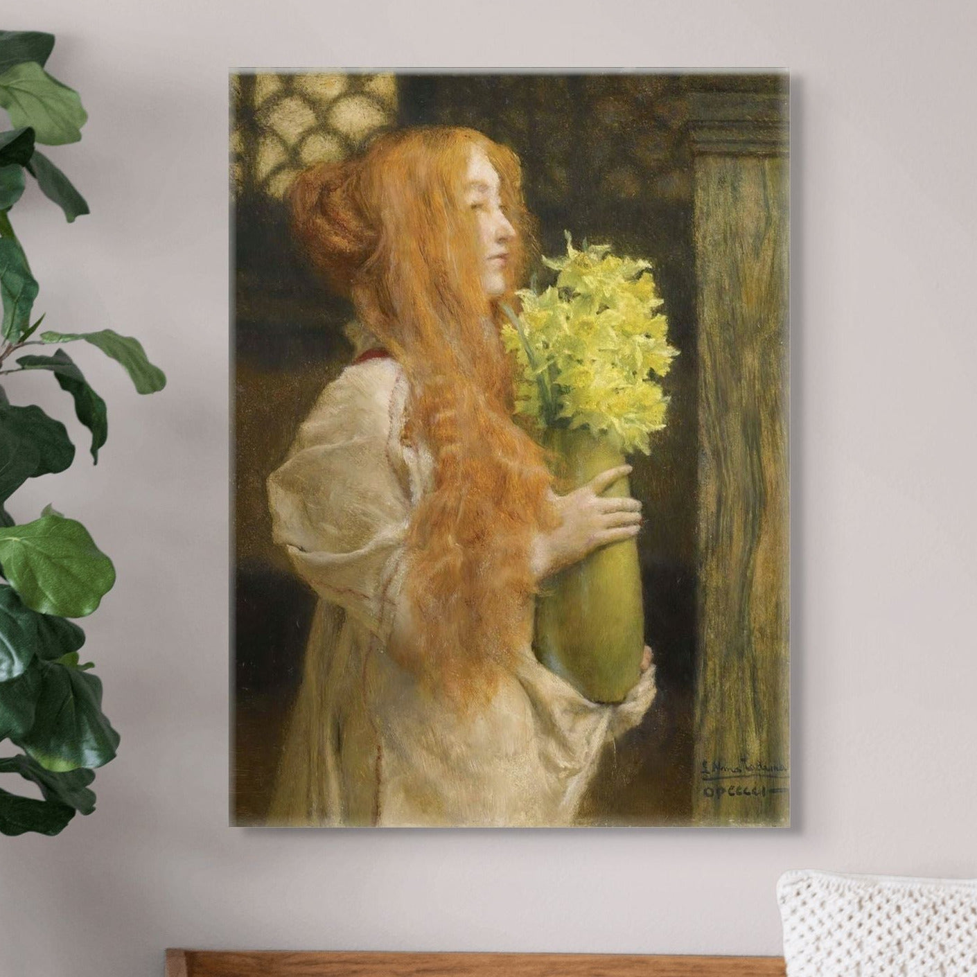 Painting of a woman with red hair holding flowers on a wall.