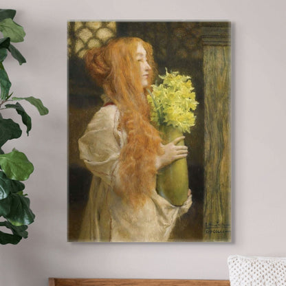 Painting of a woman with red hair holding flowers on a wall.