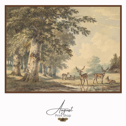 a neutral and soft illustration of  a family of Deer under beech trees .