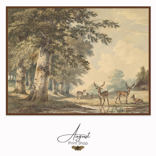 a neutral and soft illustration of  a family of Deer under beech trees .