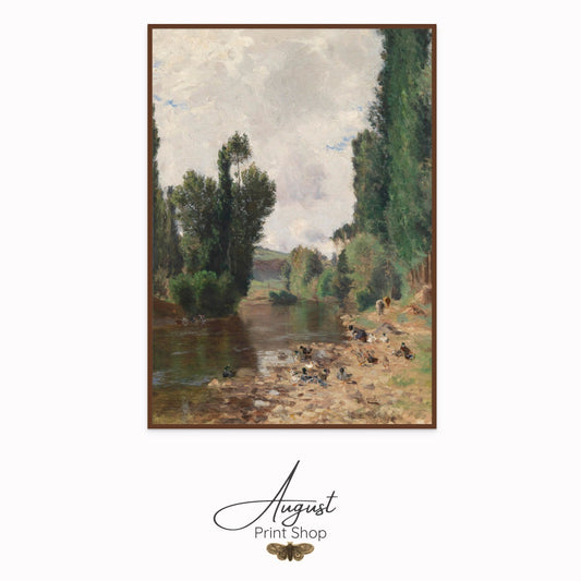 Framed painting of a landscape with trees and a river, featuring the 'August Print Shop' logo.