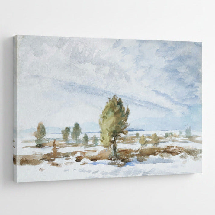 A framed watercolor artwork featuring trees in a landscape, with a sky and clouds painted in soft colors.