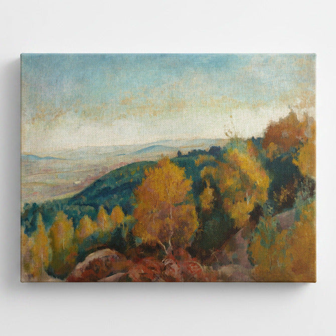 Canvas print of a landscape painting with trees and hills on a white background