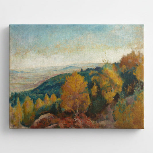 Canvas print of a landscape painting with trees and hills on a white background