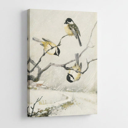 Bruce Horsfall’s Bird Lore captures the playful spirit of winter as three finches frolic on bare branches against a serene, snowy background.