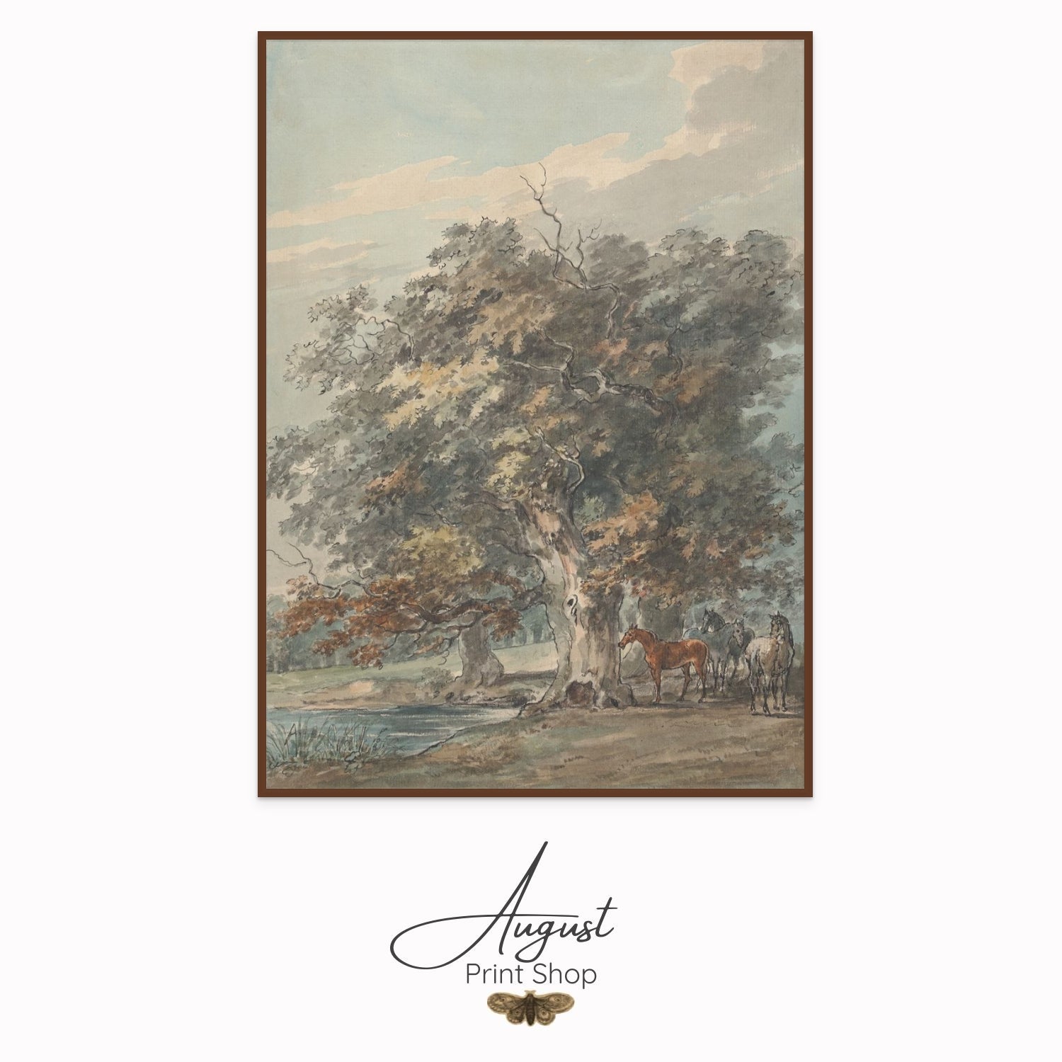 Framed artwork of a landscape with trees and horses, branded 'August Print Shop'.