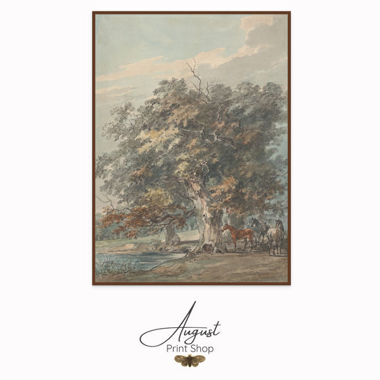 Framed artwork of a landscape with trees and horses, branded 'August Print Shop'.