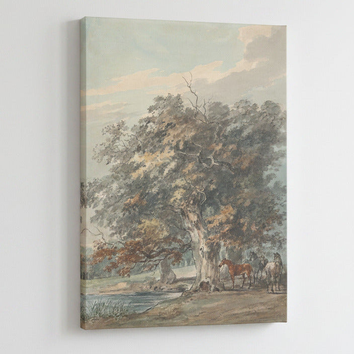 Framed artwork of a landscape with trees and horses, branded 'August Print Shop'.