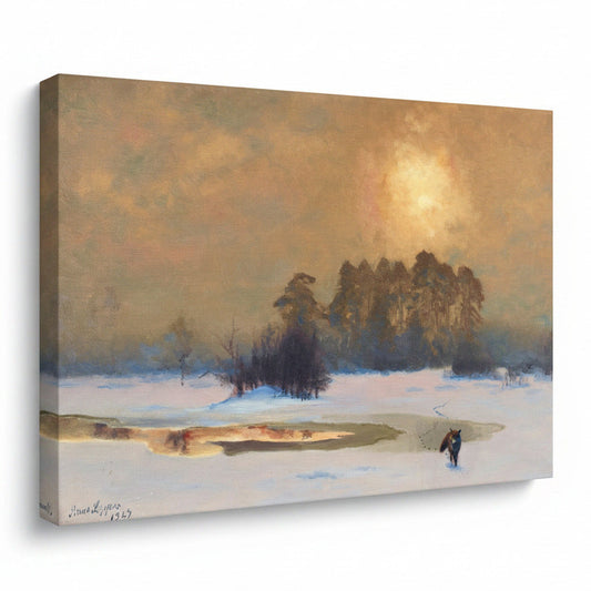 Canvas print of a winter landscape with trees and people on a snow-covered field.