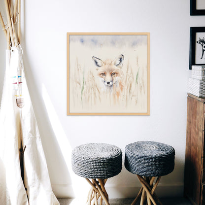 A soft and adorable watercolour painting style print on canvas of a red fox kit hiding in the tall, pale grass. displayed in a childs room