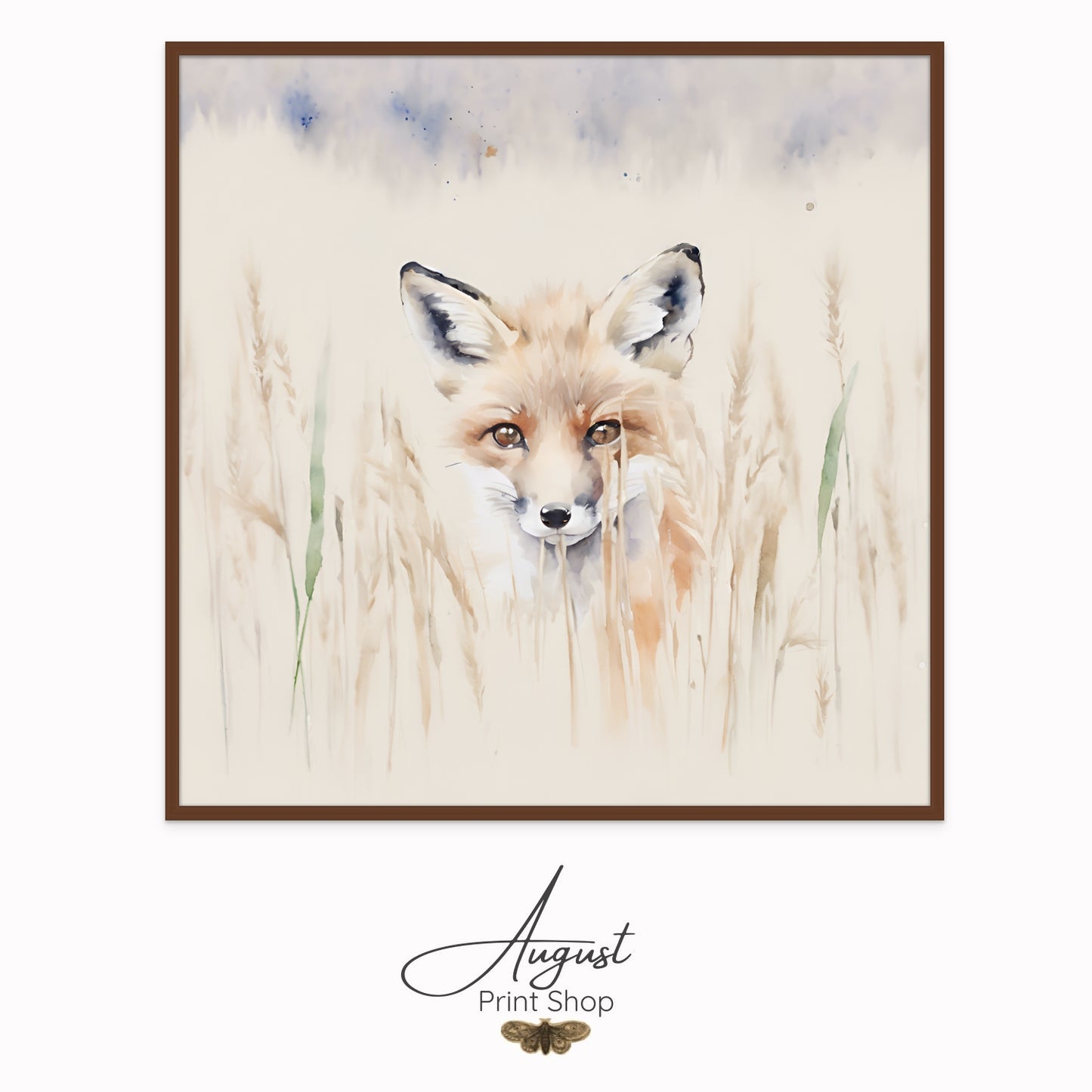 A soft and adorable watercolour painting style print on canvas of a red fox kit hiding in the tall, pale grass.