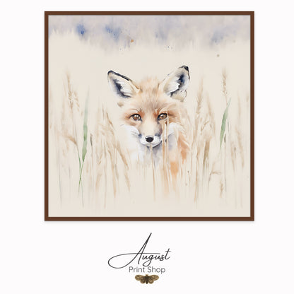 A soft and adorable watercolour painting style print on canvas of a red fox kit hiding in the tall, pale grass.