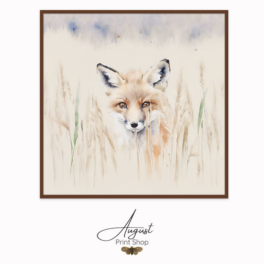 A soft and adorable watercolour painting style print on canvas of a red fox kit hiding in the tall, pale grass.